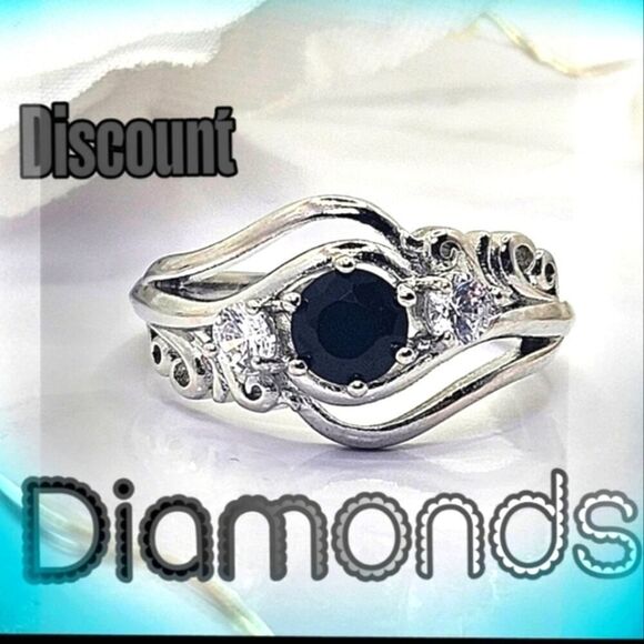 Huitan Jewelry - Black Round Onyx Cocktail Ring with Clear White Zircon on 925 Sterling Silver